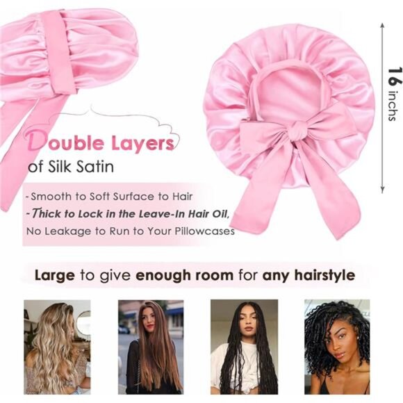 Silk Bonnet for Sleeping Women Satin Bonnet Double Layer Satin Lined PInk - Picture 2 of 5